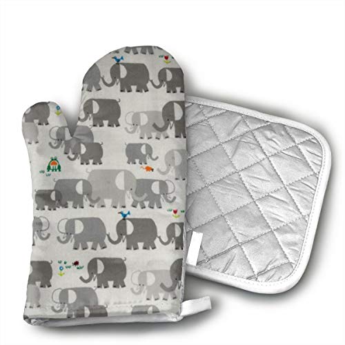 Mnsuh9 Happy Drawing Organic Elephants Oven Mitts Cotton Quilting Lining, Oven Gloves and Pot Holders Kitchen Set for BBQ Cooking Baking, Grilling, Barbecue,