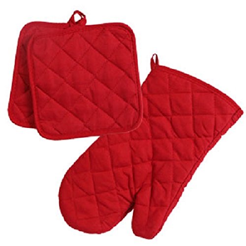 Home Collection Red 3pc Set Oven Mitt & Potholders
