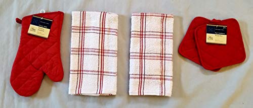 Home Collection Red & White Kitchen Linen Bundle Package Oven Mitt (1) Pot Holders (2) Kitchen Towels (2)