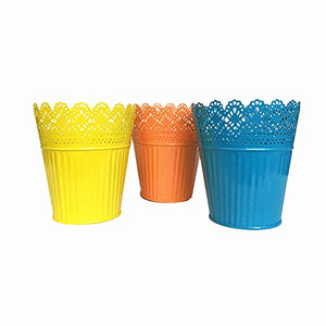 Leoyoubei 6" high Large 3 Pack Artificial Planters/Plant Pot or Make-up Pencil Holder or Candle Holder Metal-Pierced Flower Wedding Vase Home Decor (Yellow,Orange,Blue)