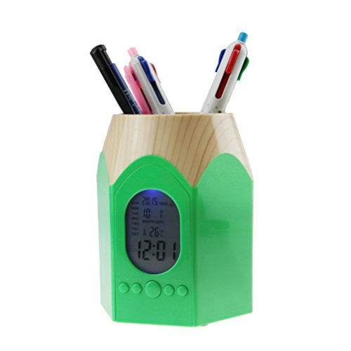 Plastic Wood Grain Pen Pencil Stub Holder Cup Stand Pencil Pot Holder Container with Date,Alarm Clock & Calendar for Pens,Utensils,Scissors,Multipurpose Organizer for Desktop Office