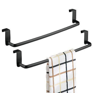 mDesign Kitchen Storage Over Cabinet Curved Steel Towel Bar - Hang on Inside or Outside of Doors, for Organizing and Hanging Hand, Dish, and Tea Towels - 14" Wide, Pack of 2, Matte Black Finish