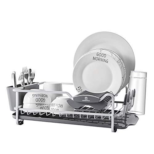 Aluminum Dish Rack with Expandable Over the Sink, In Sink Dish Drying Rack and Drain Broad, Removable Cutlery Holder, Anti-scratch Cup Holder (112040)