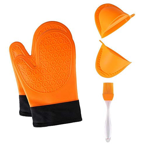 TOPBRY 041603 Heat Resistant Silicone Oven Gloves Non-Slip(1 Pair) for Kitchen Grilling Cooking and Baking& 2 Free Bonus Items-Brush & Pot Holder (Orange), 28 x 17 x 2.8 cm,