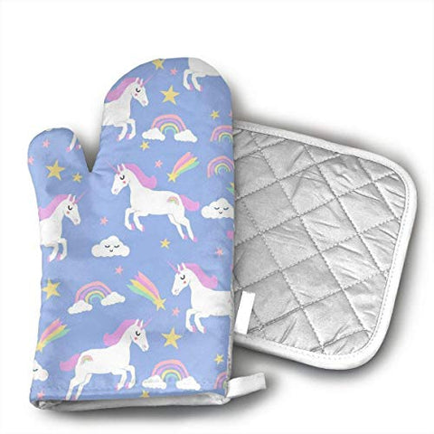 Rainbow Clouds Stars Cute Girls Unicorn Kitchen Oven Mitts,Professional Heat Resistant Microwave BBQ Oven Insulation Thickening Cotton Gloves Baking Pot Mitts Soft Inner Lining Kitchen Cooking