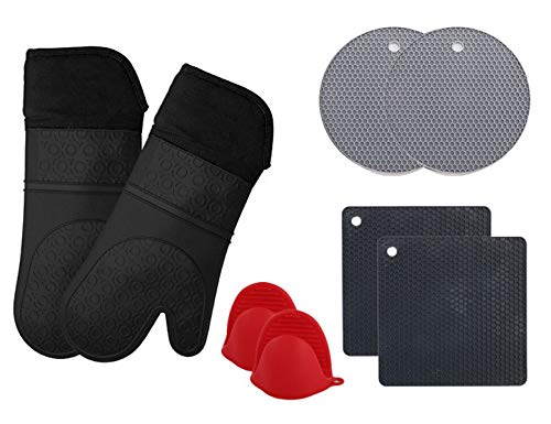 JEASTER Silicone Oven Mitts and Potholders (8-Piece Sets) Advanced Heat Resistant Oven Mitt Kitchen Counter Safe Mats Non-Slip Textured Grip Pot Holders