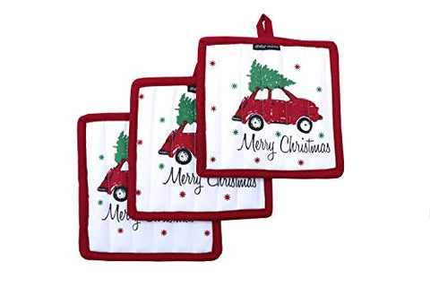 Amour Infini Pot Holders, Unique MerryChristmas Design, Pot Holders Heat Resistant, 100% Cotton, Set of 3, Pot Holder size 8 x 8 inches