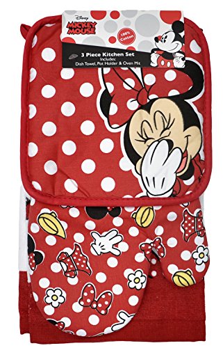 Disney Oven Mitt Pot Holder & Dish Towel 3 pc Kitchen Set (Minnie Mouse Red)