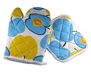 Galleria Ventures Blue and Yellow Apples Quilted Print Oven Mitt Glove and Pot Holder pad