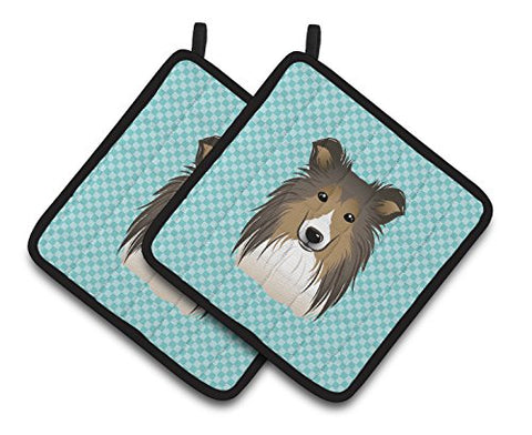 Caroline's Treasures Checkerboard Blue Sheltie Pair of Pot Holders BB1180PTHD, 7.5HX7.5W, Multicolor