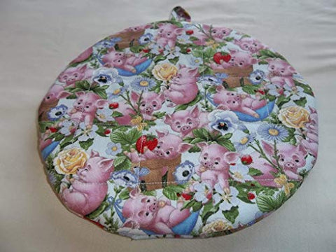 Quilted Pot Holders Hot Pads Pink Pigs Potholders Fabric Round Handmade Trivet Double Insulated Farm Animals 9 Inches