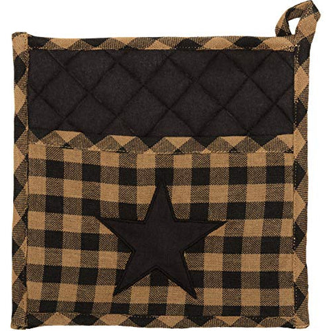 VHC Brands Primitive Tabletop Kitchen Black Fabric Loop Cotton Appliqued Pocket Star Pot Holder, Raven