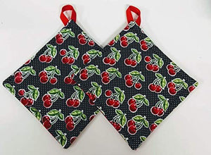 Cherry with Red and Black Polka Dot Reversible Potholder Set