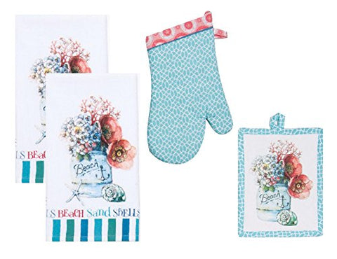 4 Piece Beach House Inspriations (BHI) Floral Ensemble Kitchen Linen Bundle / Set - 2 Terry Towels, 1 Oven Mitt, 1 Potholder