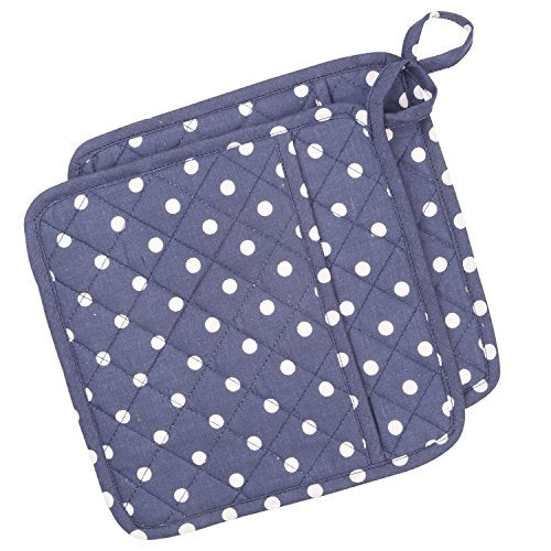 NEOVIVA Quilted Pot Holders Heat Resistant with Pocket for Easy Grip, 8”x8” Hot Pot Holder Set of 2 in Everyday Kitchen, Polka Dots Crown Blue