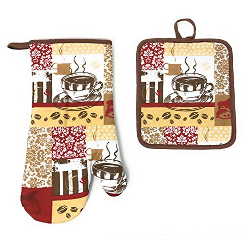 Kitchen Collection Damask Coffee Cup Neoprene Oven Mitt and Potholder Set, Chocolate