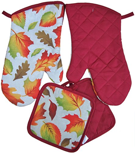 Colorful 4 Piece Home Store Autumn Fall Leaves Kitchen Linens Set (Oven Mitts and Pot Holders)