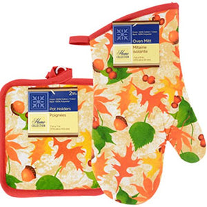 Home Collection 3 Piece Kitchen Linen Set - Vibrant Fall Leaves/Acorns Theme! Includes: 2 Pot Holder 1 Oven Mit