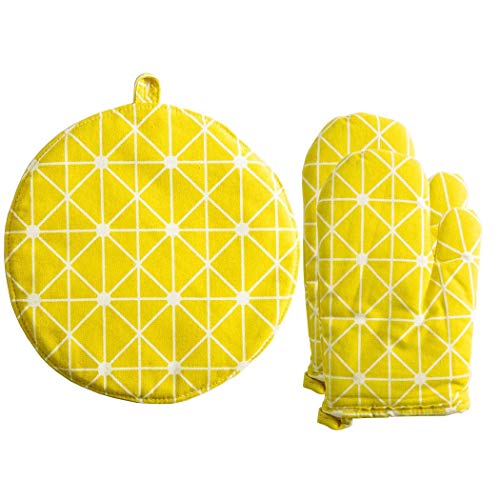 Oven Mitts and Pot Holder Set Cotton Linen Lattice Heat Resistant Microwave Gloves for Cooking/Baking/Barbecue(Yellow)