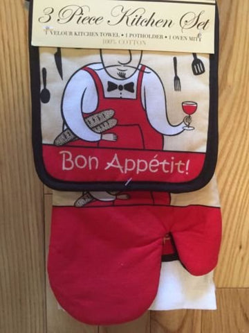 The Pecan Man Fat Italian French Chef Wine Everyday Kitchen 1 OVEN MITT & 2 Pot Holders Set of 3