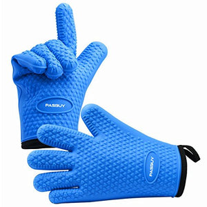 PASBUY P7089G A Pair Silicone Oven Mitts with Cotton Lining, Heat Resistant Kitchen Potholder Gloves for Oven, Outdoor BBQ Grill, Fireplace Camping (Blue)