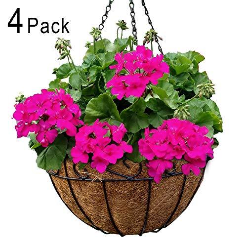 4 Pack Metal Hanging Planter Basket with Coco Coir Liner 12 Inch Round Wire Plant Holder with Hanger Garden Decoration Watering Hanging Baskets