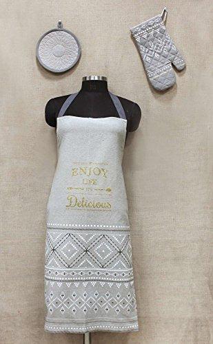 R Home Printed Kitchen Linen, Chef Cotton Apron, Mitt and Pot Holder Set of 3 pcs, Multicolor, Decorative. Value Pack and Ideal Gift.