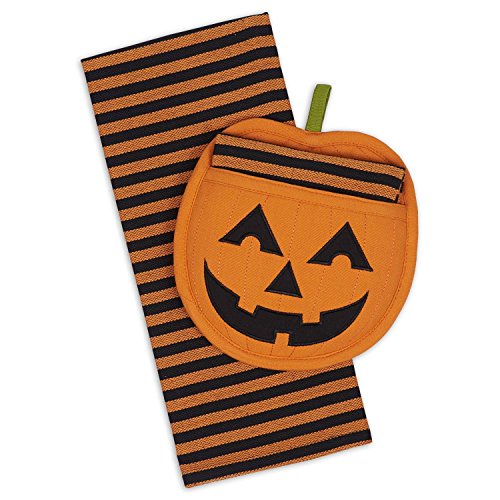 DII Cotton Haloween Holiday Dish Towel and Pot Holder Gift Set, Perfect for Kitchen Cooking and Baking-Jack O' Lantern