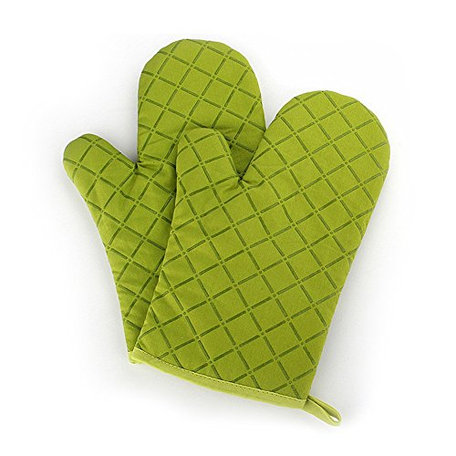 B.LeekS Cotton, Flame Retardant Quilted Silicone Coating Mitts Heat Resistant Potholder Microwave Oven Glove for Kitchen BBQ One Pair (Green)