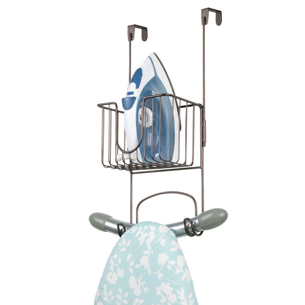 mDesign Metal Wire Over Door Hanging Ironing Board Holder with Small Storage Basket - Organizer Holds Iron, Board, Spray Bottles, Starch, Fabric Refresher - for Laundry, Utility Room, Closet