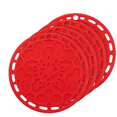 Silicone Hot Pads (Set of 4) - 6 in 1 Multi-purpose Kitchen Tool, Pot Holder, Splatter Guard, Microwave Cover, Jar Opener, Decorative Trivet, Red, 8 Inches. Includes 121 Cooking Secrets Ebook