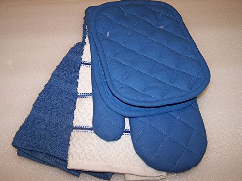 Blue Summer Kitchen Towel Set 5 Piece- Towels, Pot Holders, Oven Mitt