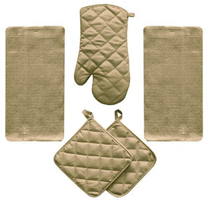 5 Piece Tan Beige Kitchen Linen Towel Set Solid Colors Heavy Weight Cotton With Potholder Oven Mitt