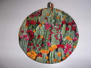 Quilted Pot Holders Hot Pads Colorful Flowering Cactus Potholders Fabric Round Handmade Trivet Double Insulated 9 Inches