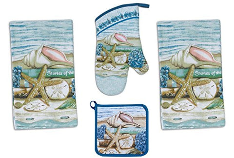 4 Piece Stories of the Sea Kitchen Set / Bundle - 2 Terry Towels, Oven Mitt, Potholder