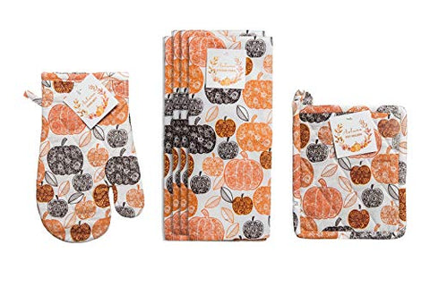 Nidico Seasonal Print Kitchen Towel Bundle Includes Oven Mitt Pot Holder and 4 Towels (Pumpkin)