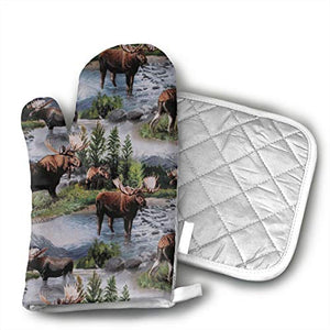 Xayeu Bull Moose Nature Scenic Wildlife Animals Lake Oven Mitt and Pot Holder or Oven Gloves-100% Cotton, High Heat Resistance,