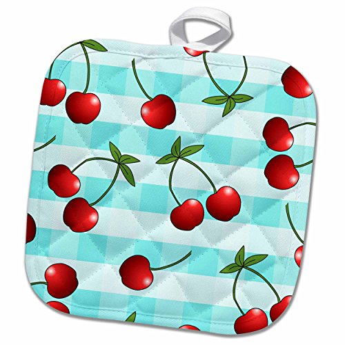 3D Rose Print Juicy Red Cherries On Blue Check Pot Holder, 8" x 8",