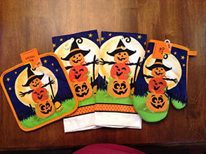 Stacked Jack O Lantern Halloween Kitchen Towels with Pot Holder and Oven Mitt