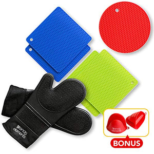BONUS- 2 RED Pinch Mitt Holders| Silicon Oven Mitts and Pot Holders (7 Piece Set)- BLACK SILICONE OVEN MITTS|2 BLUE/2 GREEN SQUARE MATS|1 ROUND MAT 454 F Heat Resistant| Durable| Non-Slip