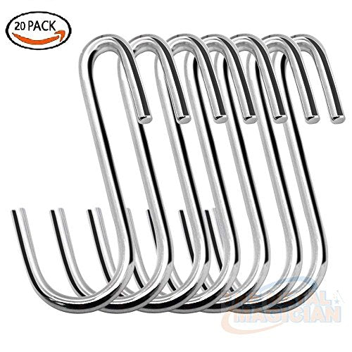 20 Pack Heavy Duty S Hooks (Silver) S Shaped Hooks Hanging Hangers Pan Pot Holder Rack Hooks for Kitchenware Spoons Pans Pots Utensils Clothes Bags Towels Plants By The Metal Magician
