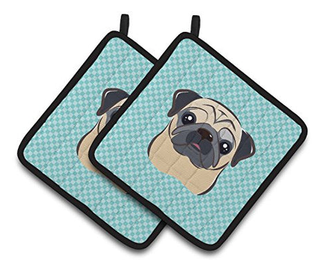 Caroline's Treasures Checkerboard Blue Fawn Pug Pair of Pot Holders BB1200PTHD, 7.5HX7.5W, Multicolor