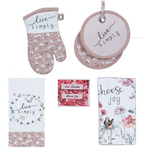 Live Simply Choose Joy Butterfly Floral 4 Piece Kitchen Set - 2 Terry Towels, Pot Holder and Oven Mitt with Bonus Magnet