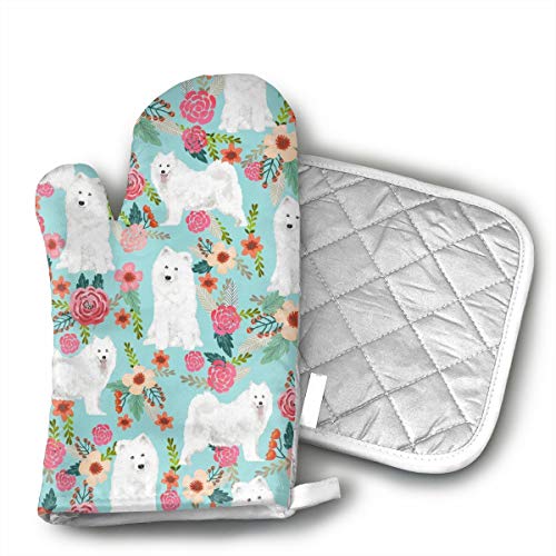 GUYDHL Unisex Oven Mitt and Pot Holder for Samoyed Dogs Floral Dog - 2 Pair