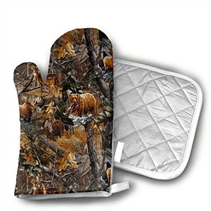 TRENDCAT Camo Hunting Deer Bear Moose Turkey Duck Oven Mitts and Potholders (2-Piece Sets) - Extra Long Professional Heat Resistant Pot Holder & Baking Gloves - Food Safe