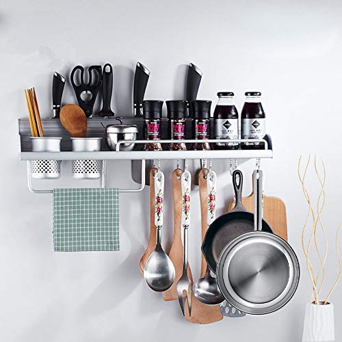 FociPow Kitchen Wall Pot Rack, Aluminum Wall Hanging Shelf Cookware Organizer Wall Mounted Pot Pan Rack With 8 Hooks, 4 Knife Slots, and 2 Utensil Cups Fit for Kitchen Restaurant Bar Bathroom