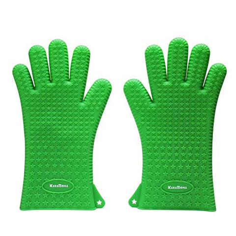 KaraMona Large Silicone Oven Mitts Heat Resistant Extra Long and Thick Green, Large Silicone Oven Gloves And Pot Holders, Silicone Cooking Gloves, Silicone Kitchen Mitts for Oven Grill BBQ