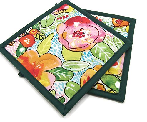Floral Pot Holders - Colorful Flowers with Green Leaves on White Cotton Fabric - Set of 2-8 inch Square