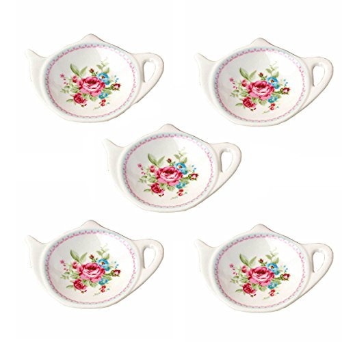 Set of White Porcelain Ceramic with Flower Trim Teapot-Shaped Tea Bag Holder Tea Bag Coasters, Spoon Rests; Classic Tea Time Saucer Seasoning Dish Set (TYGZ)