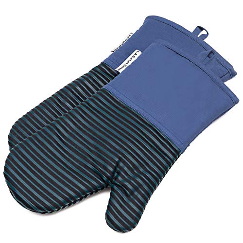 Silicone Oven Mitts 464 F Heat Resistant Potholders Striped Pattern Cooking Gloves Non-Slip Grip for Kitchen Oven BBQ Grill Cooking Baking 7x13 inch as Christmas Gift 1 pair (Blue) by LA Sweet Home